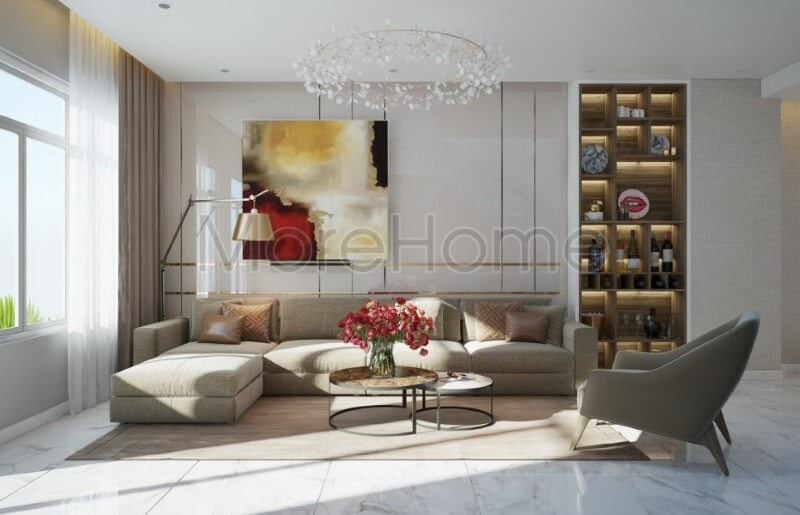 Nội thất sofa chữ L phòng khách với tông màu ghi sáng bọc nỉ điểm nhấn ấn tượng cho phòng khách Tư vấn những mẫu thiết kế sofa phòng khách đẹp sang trọng nhất