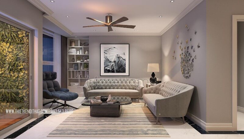 Bộ sofa bọc nỉ cao cấp được lựa chọn cùng tông màu xám của mảng tường tạo sự mới lạ, hiện đại cho không gian phòng khách. Tư vấn những mẫu thiết kế sofa phòng khách đẹp sang trọng nhất
