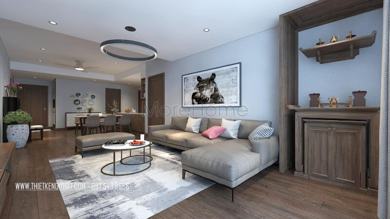 Thiết kế bộ sofa chữ L, chất liệu da màu xám lông chuột làm điểm nhấn cho không gian phòng khách mang đến sự sang trọng nhất định cho không gian này. Tư vấn những mẫu thiết kế sofa phòng khách đẹp sang trọng nhất