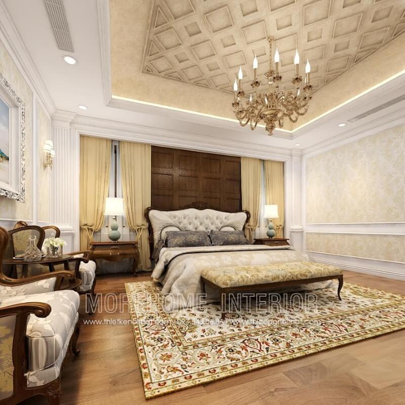 Thiết kế nội thất phòng ngủ biệt thự tân cổ điển sang trọng với sản phẩm giường ngủ gỗ óc chó, đầu giường bọc da cao cấp Mẫu giường ngủ gỗ óc chó tự nhiên sang trọng