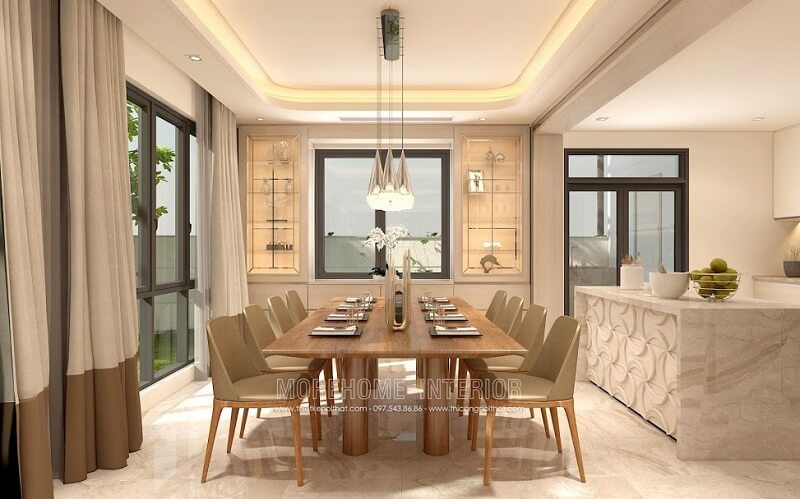 Ấn tượng với bộ bàn ăn gỗ cao cấp với những đường vân tinh tế, đường nét đơn giản cuốn hút tạo điểm nhấn nổi bật cho căn phòng mẫu bàn ăn gỗ tự nhiên cao cấp cho phòng ăn sang trọng