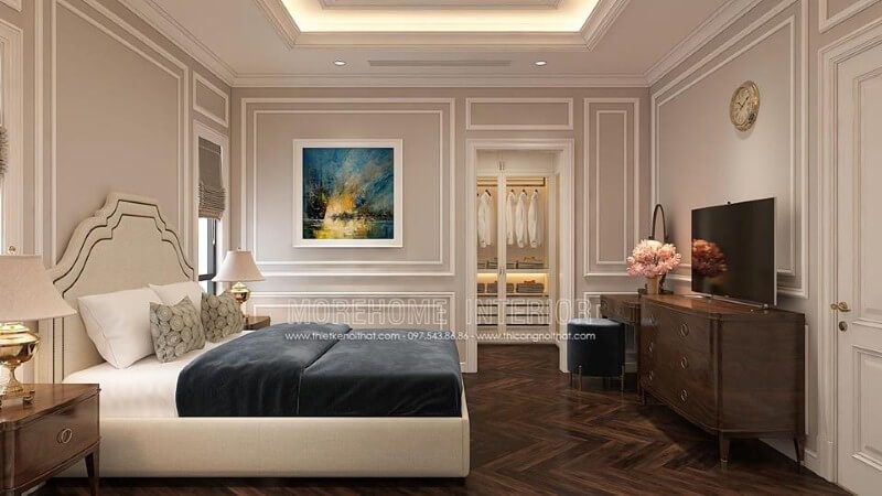 Sắp xếp nội thất phòng ngủ tân cổ điển có tủ quần áo khoa học, phong thủy. thiết kế phòng ngủ