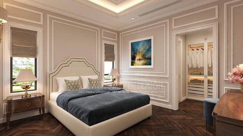 Sắp xếp nội thất phòng ngủ tân cổ điển đẹp, sang trọng, tinh tế với gam trắng chủ đạo từ giường, tường, trần thạch cao. thiết kế phòng ngủ