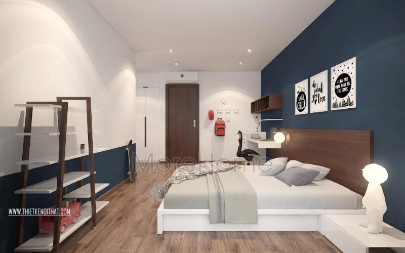 Mẫu phòng ngủ đẹp cho con trai được thiết kế với tone trắng làm chủ đạo, giúp tạo chiều sâu cho không gian, tạo hiệu ứng thị giác khiến căn phòng có vẻ rộng hơn so với diện tích thực thiết kế phòng ngủ