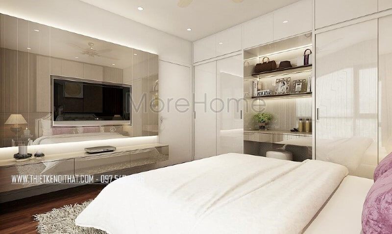 Trang trí nội thất phòng ngủ đẹp, sang trọng với kệ tivi hiện đại nổi bật cùng gạch ốp tường cao cấp. thiết kế phòng ngủ