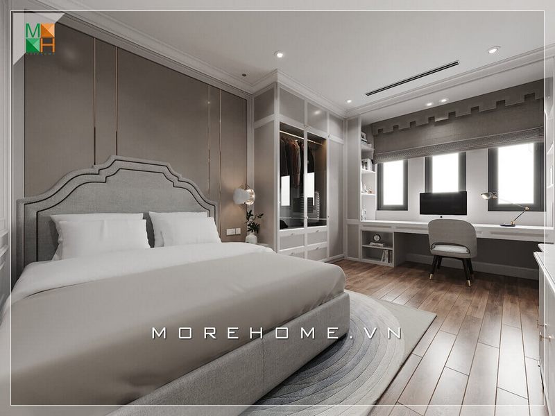 Thiết kế một cái kệ gỗ công nghiệp hiện đại vừa dài lại có tính năng giống bàn được đặt ở ngay gần cửa sổ của căn phòng giúp căn phòng trở nên tiện nghi và cuốn hút. thiết kế phòng ngủ