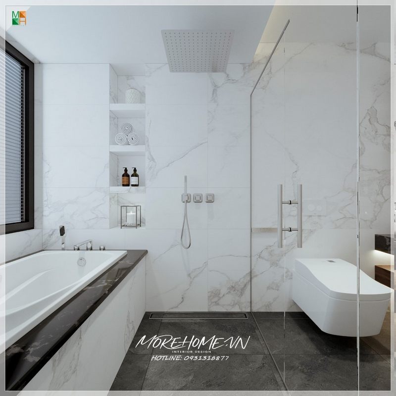 Thiết kế phòng tắm có bồn tắm hiện đại không gian tiện nghi sử dụng tiện lợi.