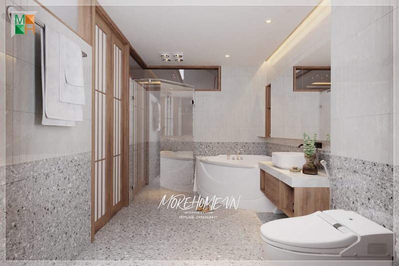 Thiết kế phòng tắm có bồn tắm với phong cách hiện đại nội thất tối giản nhưng không kém phần tiện nghi cho quá trình sử dụng sinh hoạt hằng ngày của gia chủ.