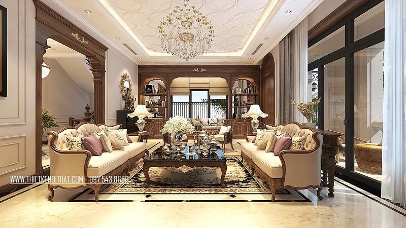 Bàn trà gỗ cao cấp màu nâu trầm bóng mượt với những đường nét tinh tế tạo điểm nhấn nổi bật cho căn phòng