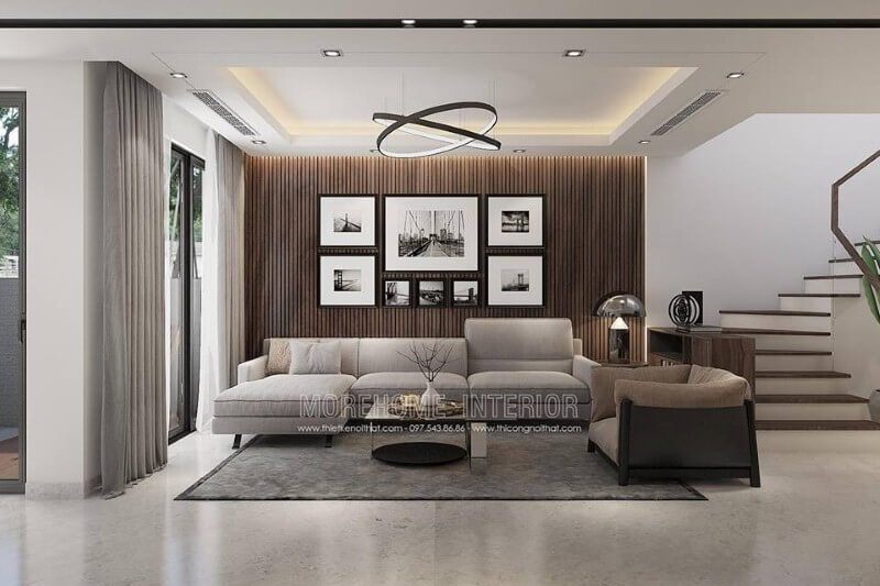 Thiết kế tường phòng khách đẹp độc đáo với gỗ ốp tường kết hợp tranh đen trắng canvas