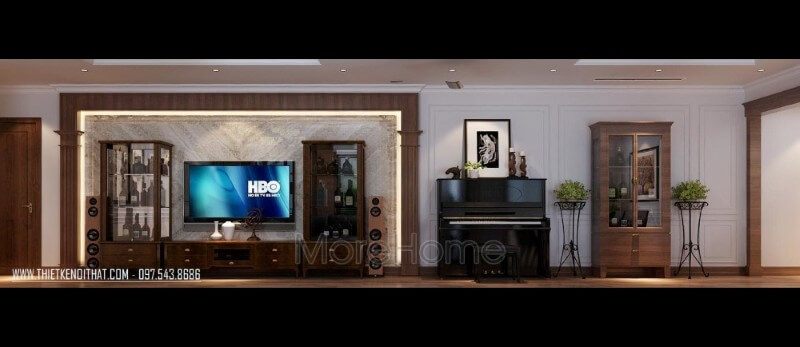Trang trí phòng khách của chung cư cao cấp bằng kệ tủ gỗ óc chó.