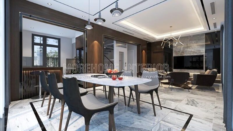 .
Bộ bàn ăn hiện đại với mẫu ghế mới lạ được đặt bên cạnh của sổ kính tạo nên một không gian sang trọng và lãng mạn cho bữa cơm gia đình.